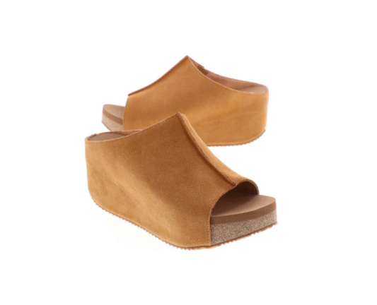 A pair of Volatile - Rosenthal & Rosenthal brown slip-on platform sandals with a suede upper, isolated on a white background.
