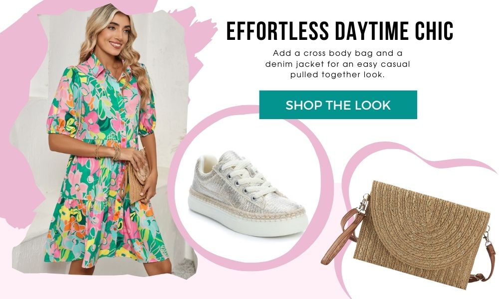 A woman in a colorful dress poses alongside images of silver sneakers and a straw crossbody bag. Text reads, "Effortless Daytime Chic. Shop the Look.