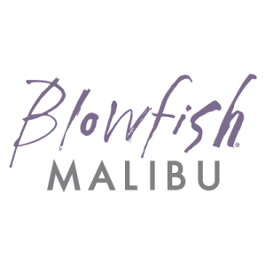 Blowfish Malibu logo with “Blowfish” written in purple script font above “MALIBU” in gray capital letters on a light background.