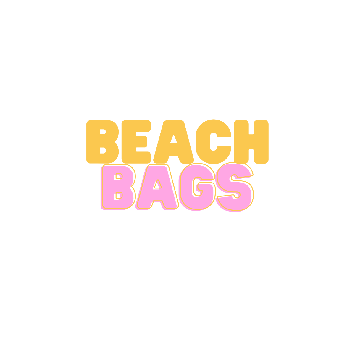 The image displays the words "BEACH BAGS" with "BEACH" in yellow and "BAGS" in pink, both in bold, uppercase letters on a white background.