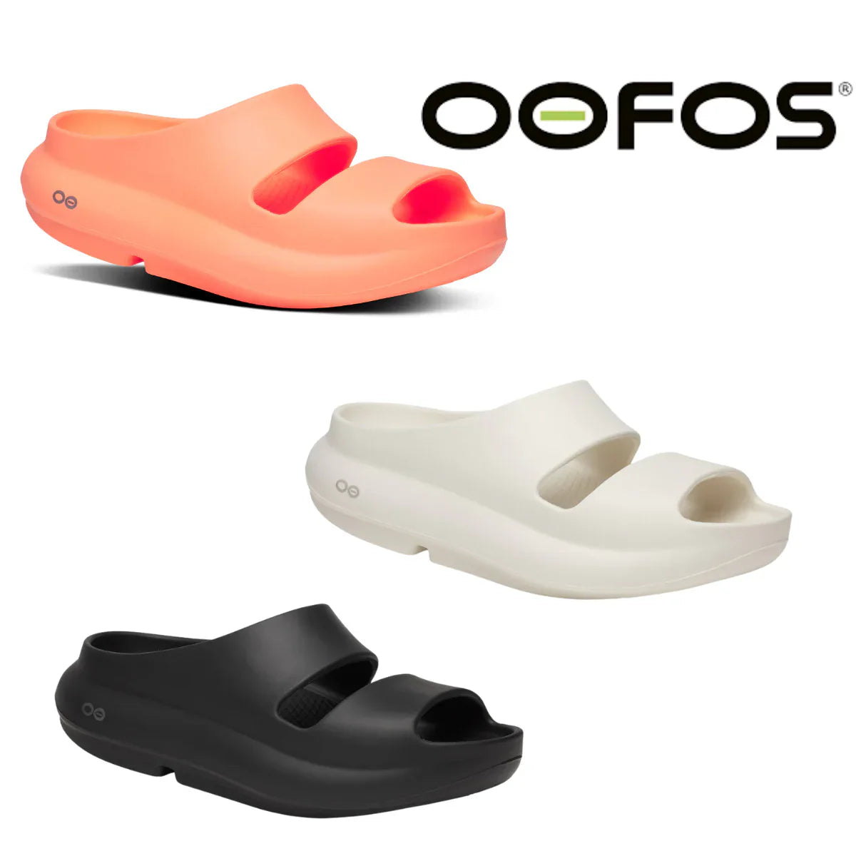 Black and silver sandal displayed on a split yellow and pink background with text promoting foot recovery and comfort.