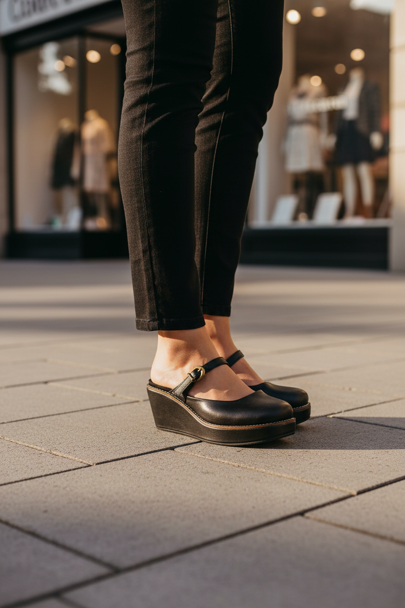 A person wearing black pants and black wedge-heeled Mary Jane shoes stands on a paved sidewalk in front of a clothing store with mannequins in the window.