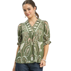 Women's sage green floral print blouse with split V-neck, scalloped yoke and short puff sleeves