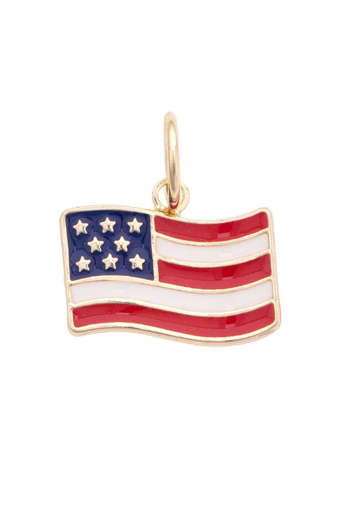 Showcase your patriotic spirit with the Canvas Style American Flag Charm in Red and Blue, featuring gold-bordered detailing with blue, red, and white enamel stripes and stars. Finished with a small loop for easy hanging, this charm is perfect as jewelry or as an accent to elevate your holiday outfits. Main image