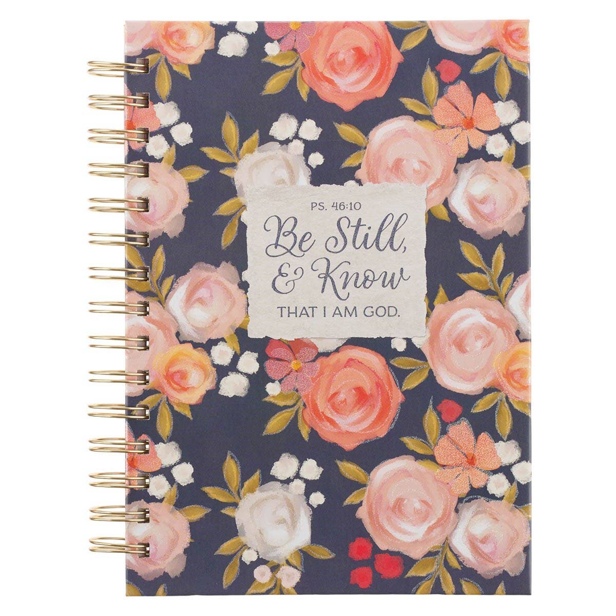 Floral-patterned Journal Spiral-bound Be Still Ps. 46:10 prayer journal with a spiral binding and a central label reading, “Ps. 46:10 Be Still & Know THAT I AM GOD.”