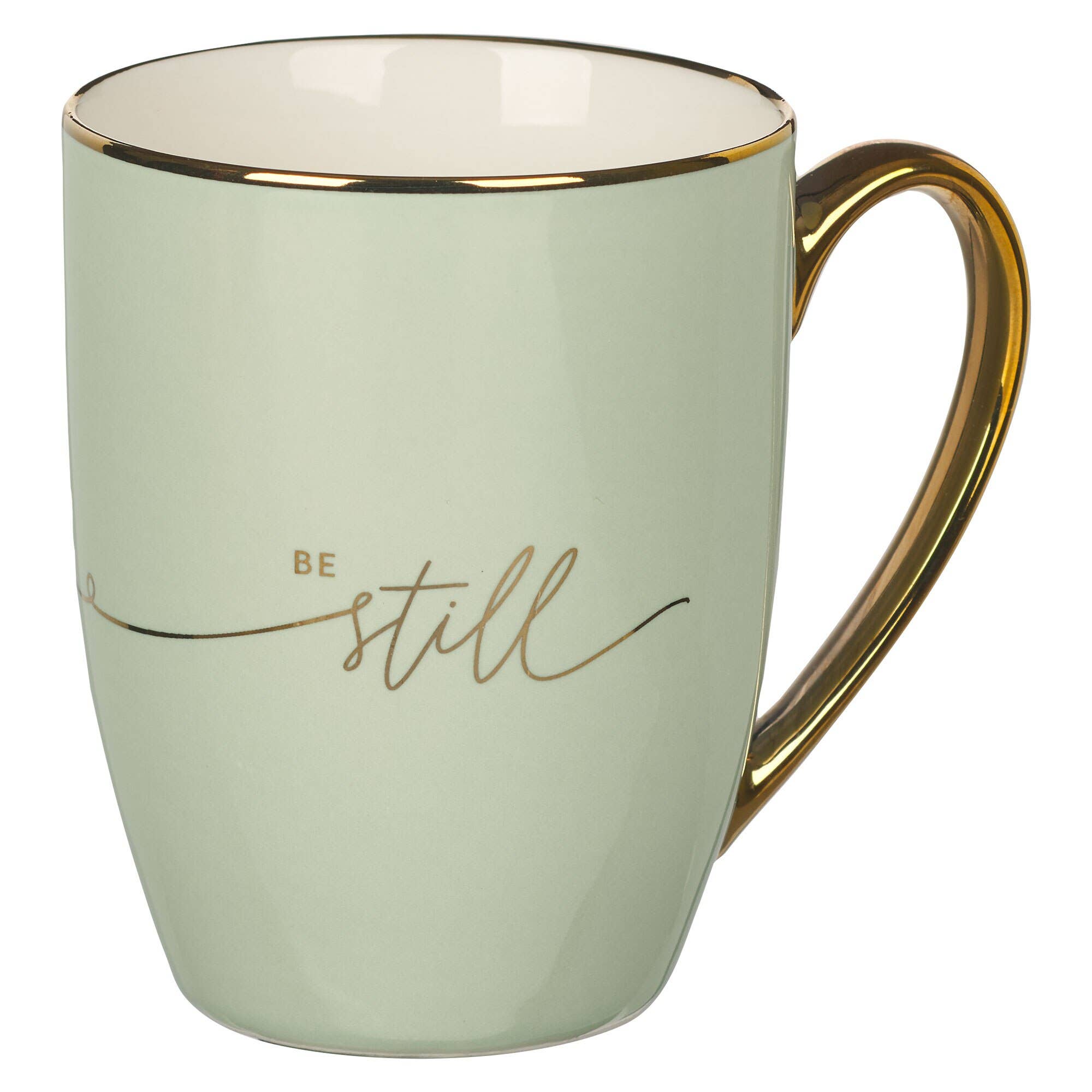 Enjoy a moment of reflection with the Mug Mint/Cream Be Still & Know by Christian Art Gifts—a pale green ceramic mug accented with gold along the rim and handle, and featuring the encouraging words "Be Still & Know" in elegant gold script on the side. This inspirational mug serves as a beautiful daily reminder to pause and reflect with every sip. Main image