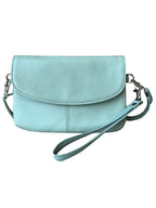 Roma Leathers, Inc. Cowhide Leather Crossbody Clutch Bag in light blue, featuring a front flap closure and adjustable shoulder strap, displayed against a white background.