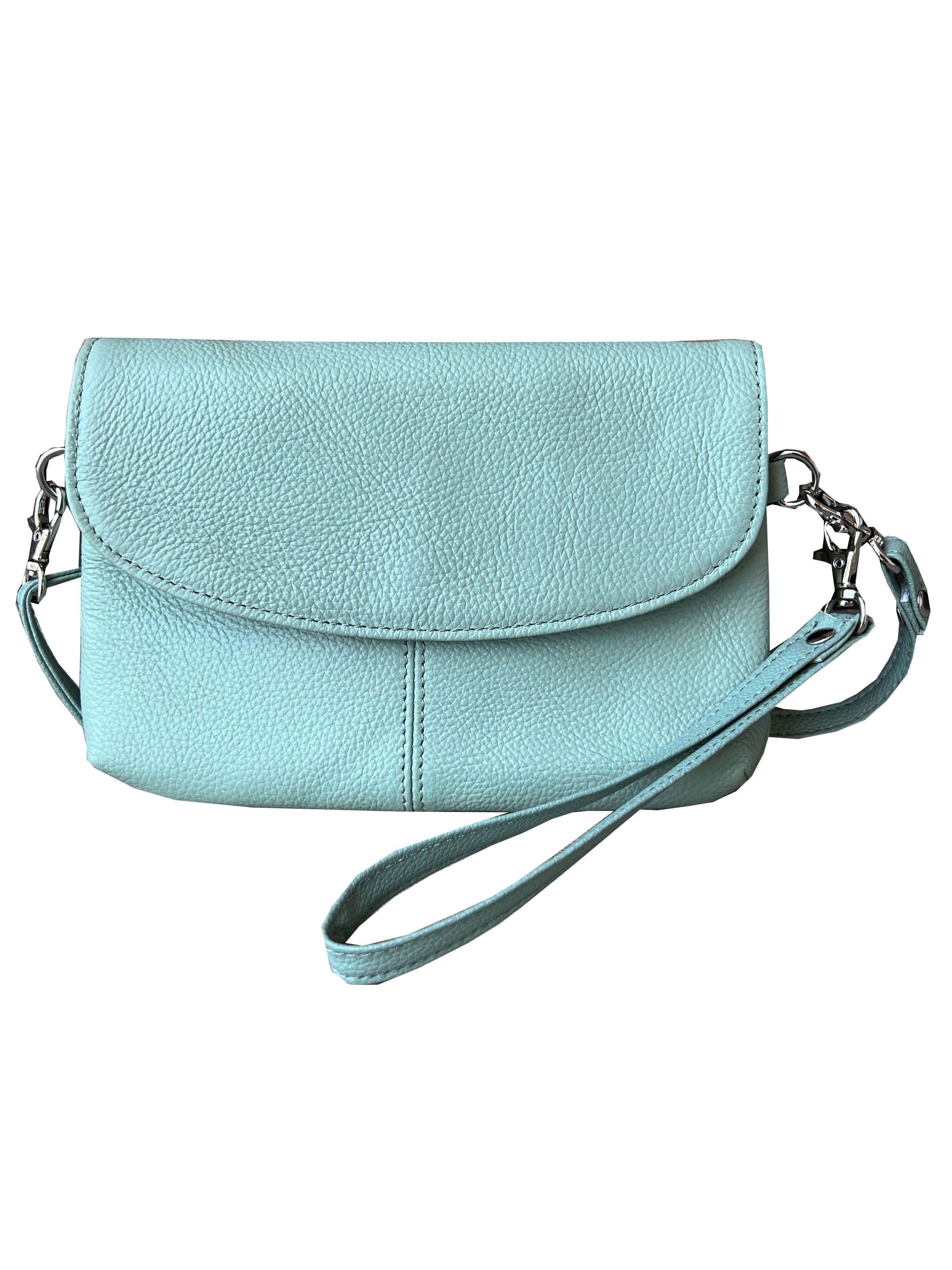 Roma Leathers, Inc. Cowhide Leather Crossbody Clutch Bag in light blue, featuring a front flap closure and adjustable shoulder strap, displayed against a white background.