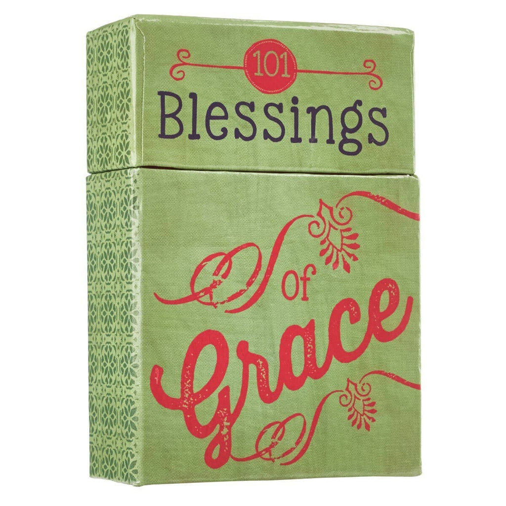 The Box of Blessings of Grace by Christian Art Gifts features a green box adorned with decorative red and black text and patterns along the sides and front. This beautifully designed set contains blessings cards filled with uplifting Bible verses and inspirational quotes to encourage and inspire you every day.