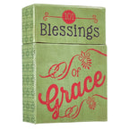 The Box of Blessings of Grace by Christian Art Gifts features a green box adorned with decorative red and black text and patterns along the sides and front. This beautifully designed set contains blessings cards filled with uplifting Bible verses and inspirational quotes to encourage and inspire you every day.