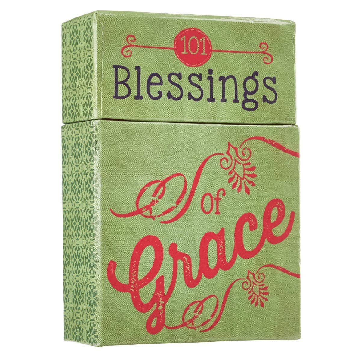 The Box of Blessings of Grace by Christian Art Gifts features a green box adorned with decorative red and black text and patterns along the sides and front. This beautifully designed set contains blessings cards filled with uplifting Bible verses and inspirational quotes to encourage and inspire you every day.