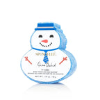 Snowman-shaped blue Faire Spongelle Holiday Bath Soap Sponge featuring a printed face, tie, and product information label.