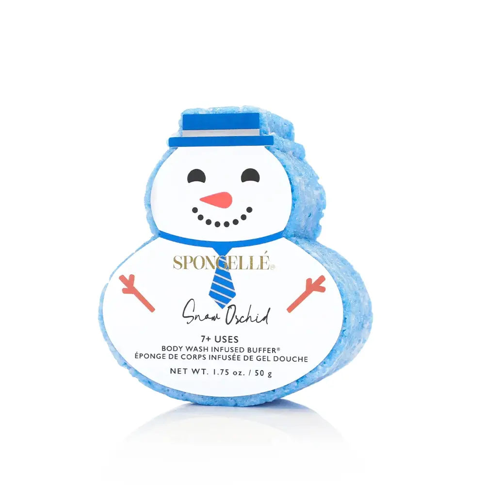 Snowman-shaped blue Faire Spongelle Holiday Bath Soap Sponge featuring a printed face, tie, and product information label.