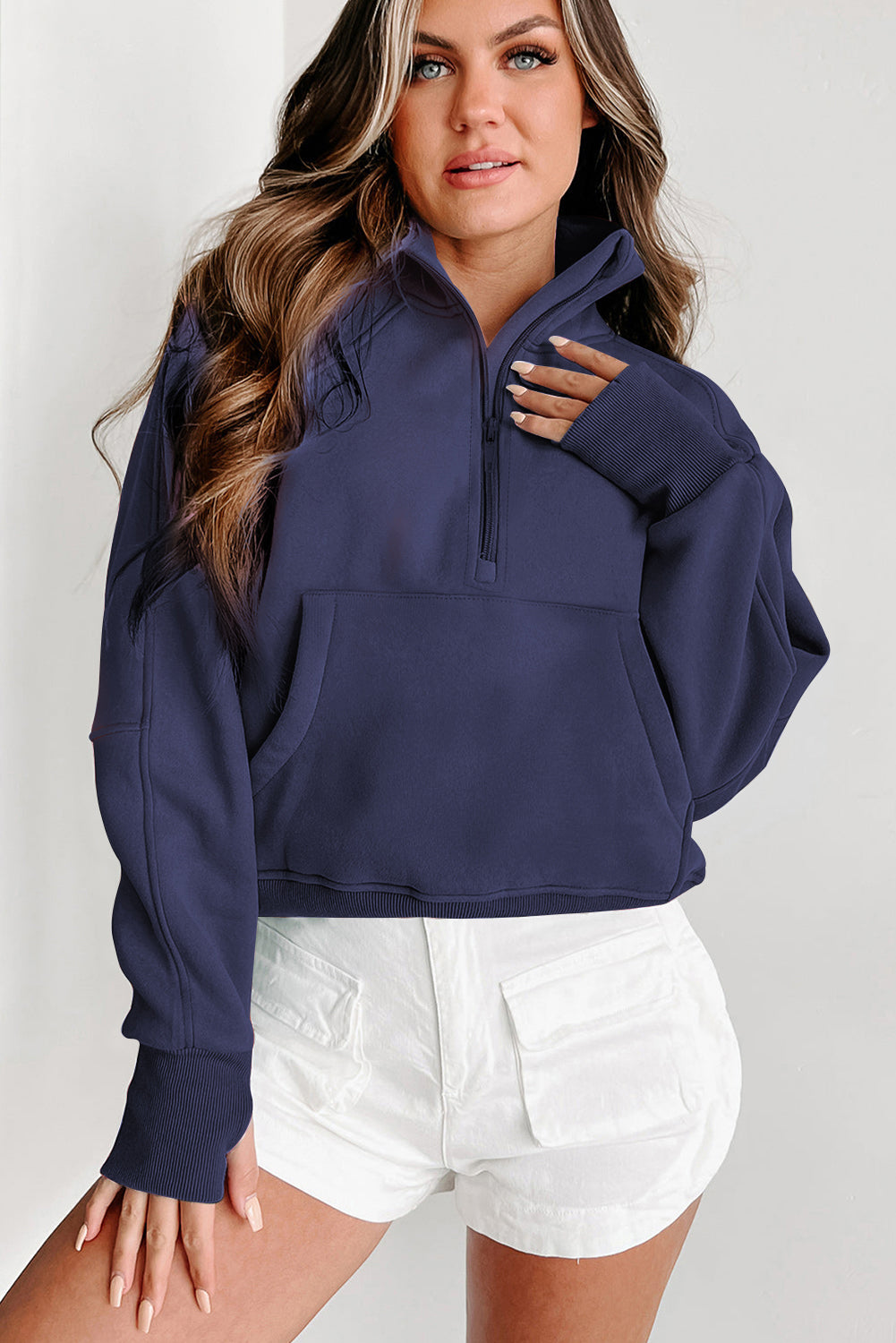 Zip Up Stand Collar Ribbed Thumbhole Sleeve Sweatshirt - 12 colors to choose from