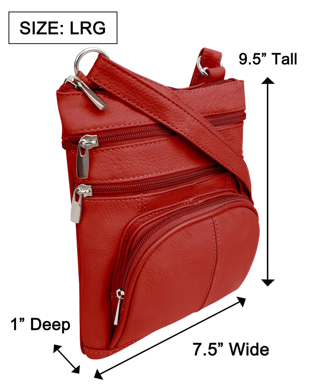 The Roma Leathers, Inc. Cowhide Leather Crossbody with phone pocket back side in red features three zippered compartments, measures 9.5" tall, 7.5" wide, and 1" deep (size large), and has an adjustable shoulder strap for comfort.