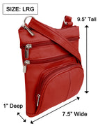 The Roma Leathers, Inc. Cowhide Leather Crossbody with phone pocket back side in red features three zippered compartments, measures 9.5" tall, 7.5" wide, and 1" deep (size large), and has an adjustable shoulder strap for comfort.