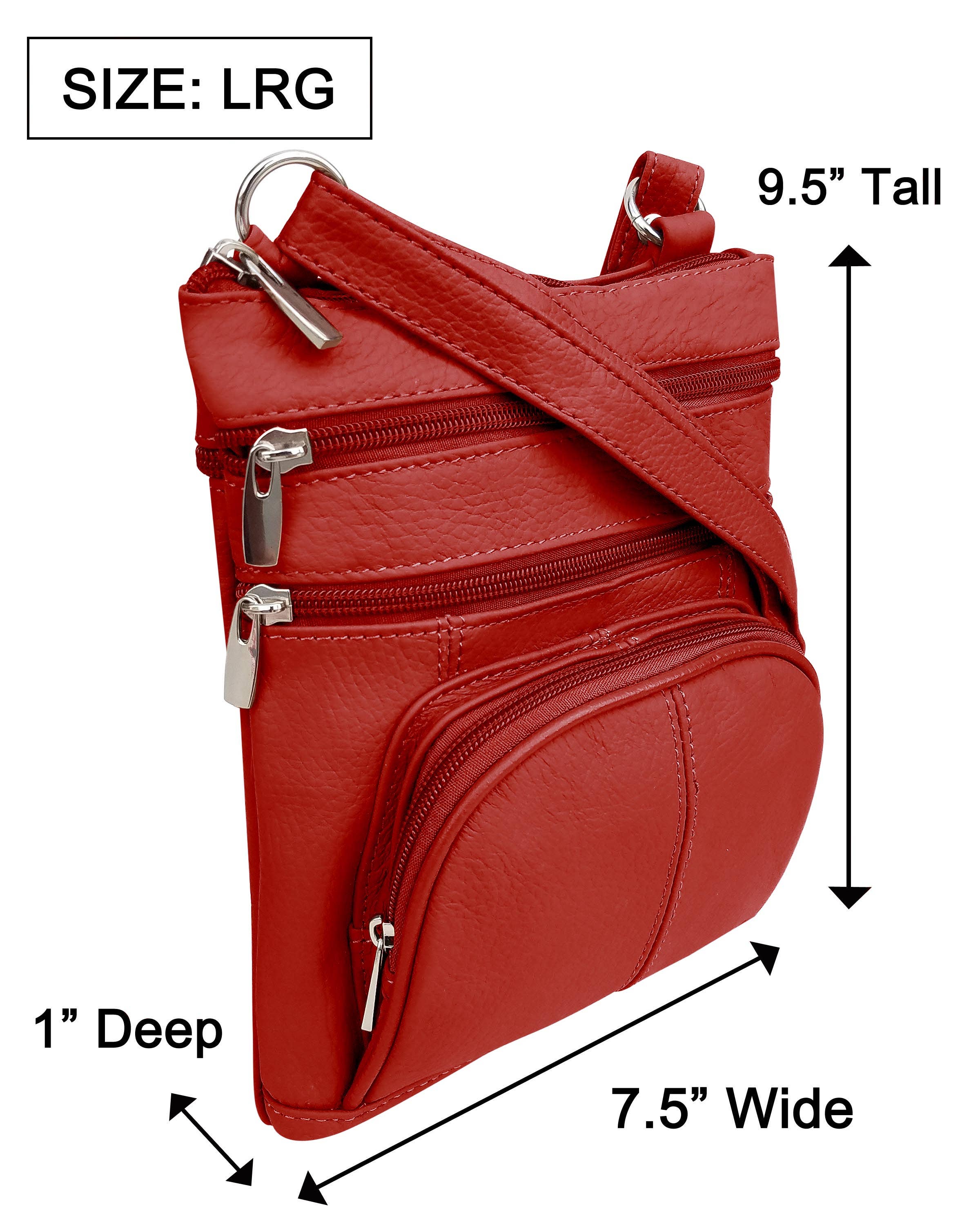 The Roma Leathers, Inc. Cowhide Leather Crossbody with phone pocket back side in red features three zippered compartments, measures 9.5" tall, 7.5" wide, and 1" deep (size large), and has an adjustable shoulder strap for comfort.