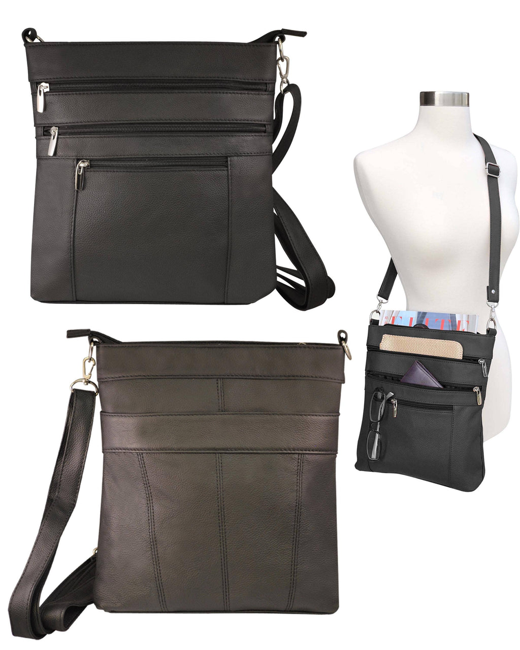 Three views of the Roma Leathers, Inc. Cowhide leather crossbody: zippered front pockets, stitched back detail, and on mannequin highlighting open pockets with contents and adjustable shoulder strap.
