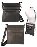 Three views of the Roma Leathers, Inc. Cowhide leather crossbody: zippered front pockets, stitched back detail, and on mannequin highlighting open pockets with contents and adjustable shoulder strap.