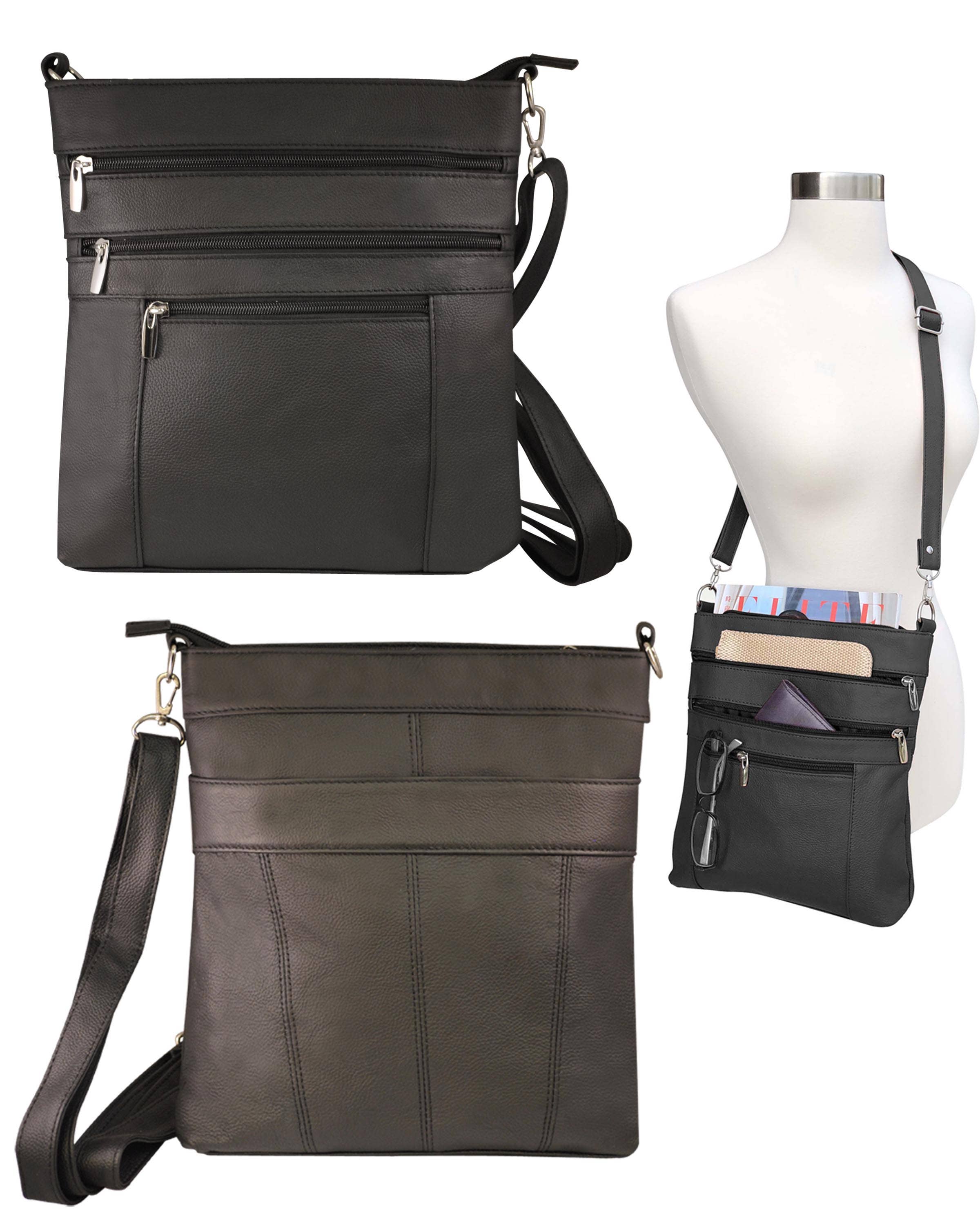 Three views of the Roma Leathers, Inc. Cowhide leather crossbody: zippered front pockets, stitched back detail, and on mannequin highlighting open pockets with contents and adjustable shoulder strap.
