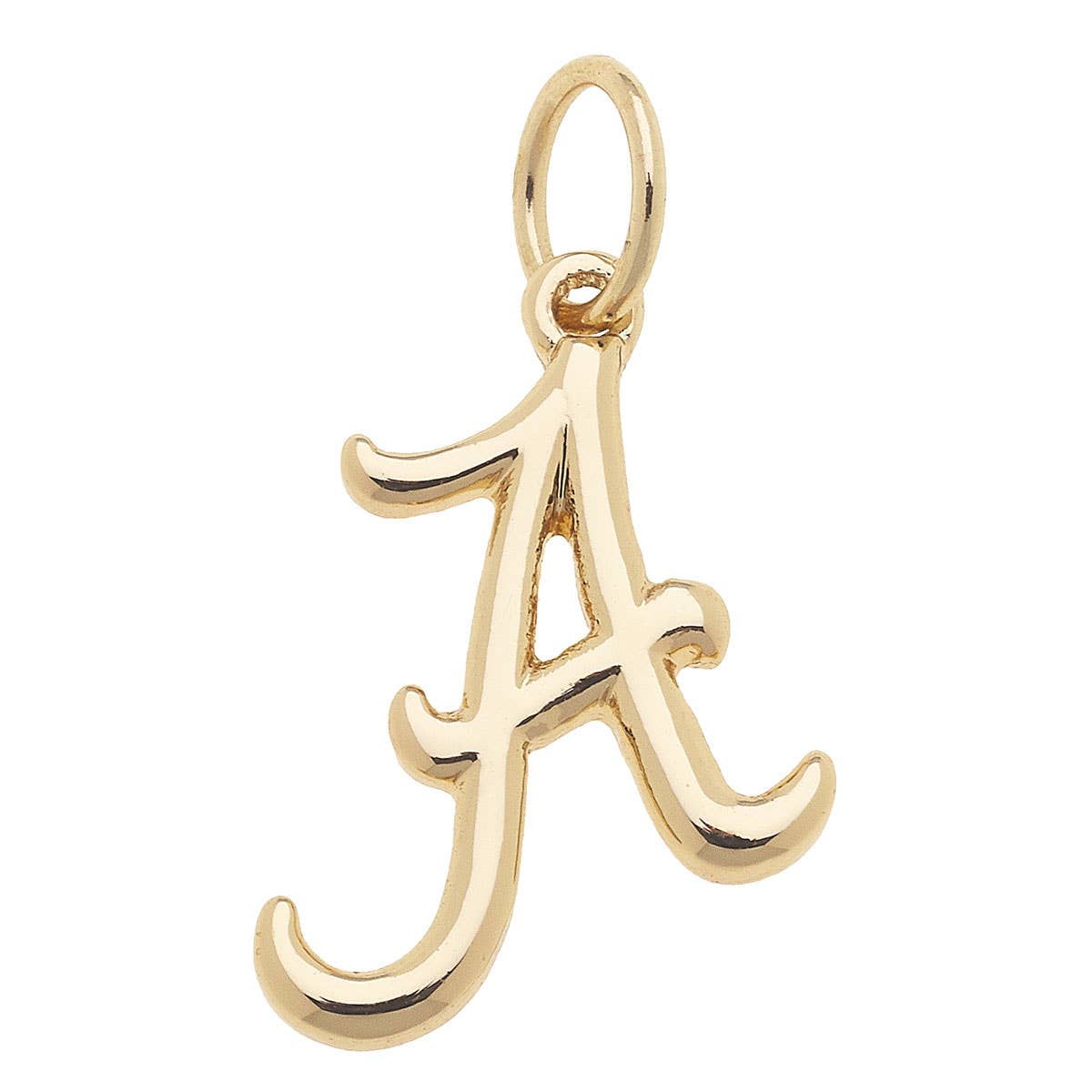 Show your team spirit in style with the Alabama Crimson Tide Shiny Gold Logo Charm by Canvas Style—a gold pendant featuring the iconic “A” and a top loop for easy attachment to your favorite chain.