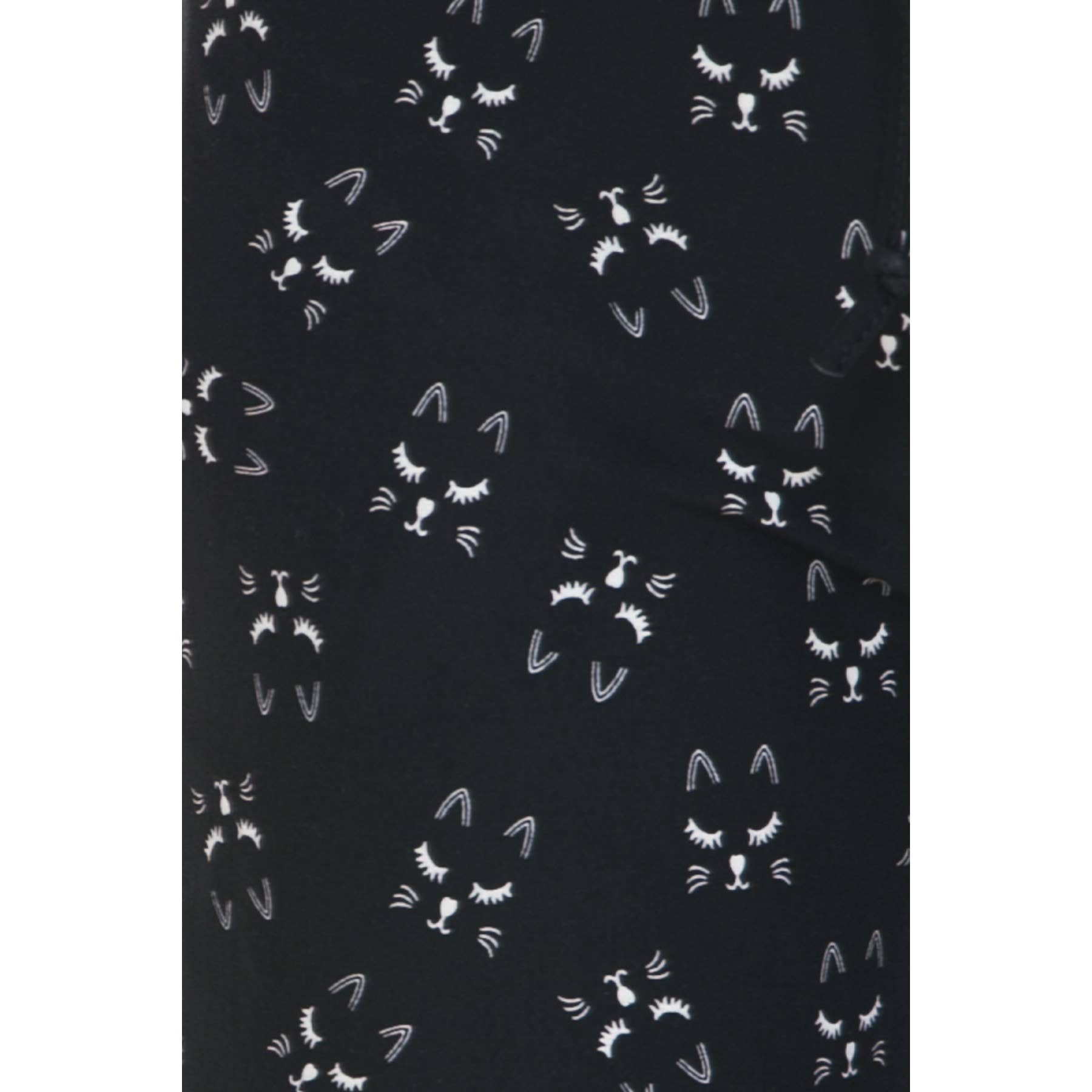 The Leggings Depot Buttery Soft Print Pajama Pants feature black fabric with a cute repeating pattern of simple white cat faces and an elastic waistband for maximum comfort.