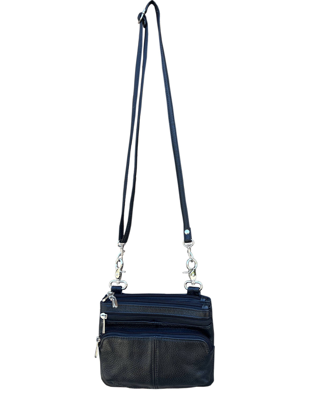 Roma Leathers, Inc. 3099 Small Horizontal Crossbody Bag in black cowhide leather featuring spacious compartments and an adjustable shoulder strap.