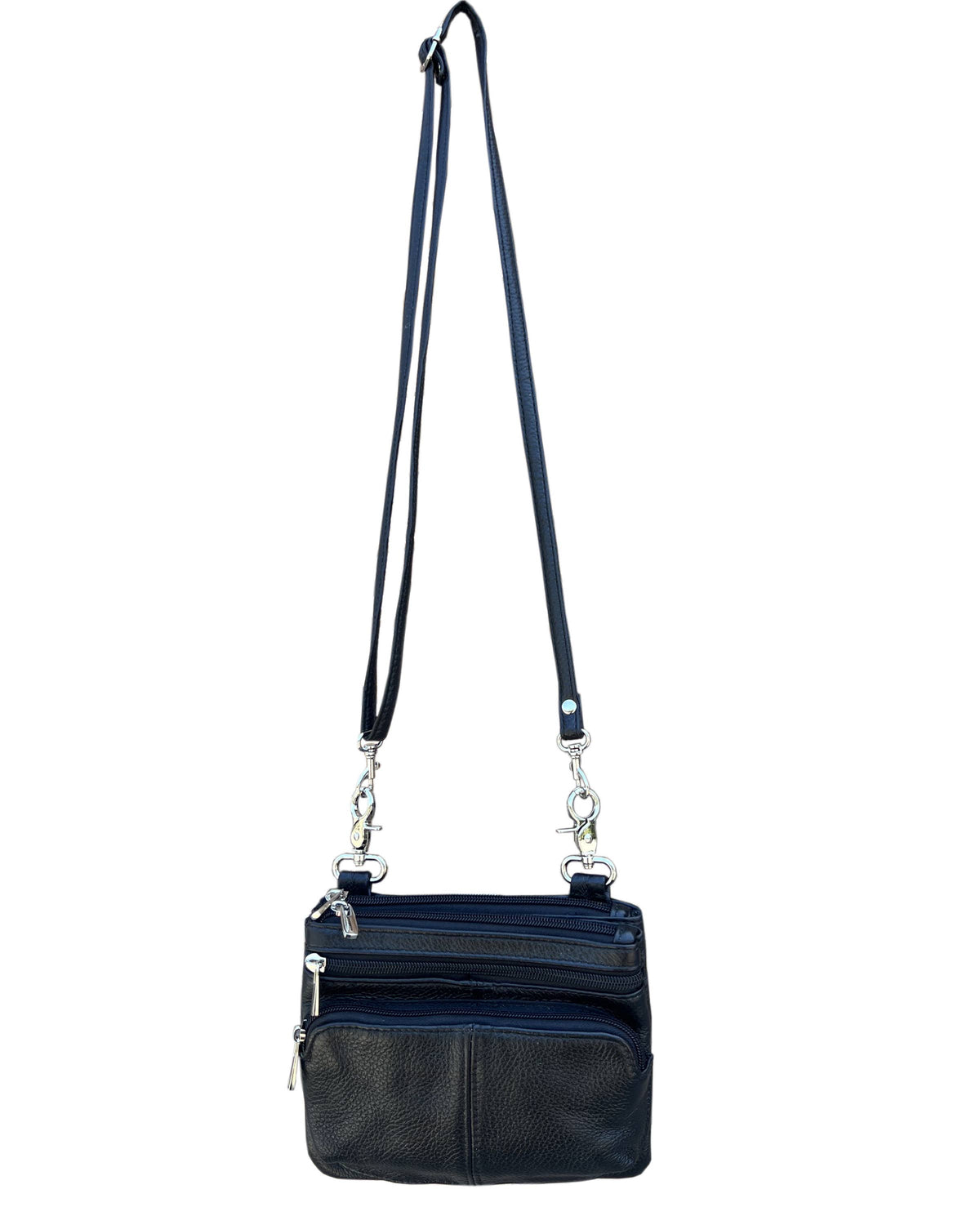 Roma Leathers, Inc. 3099 Small Horizontal Crossbody Bag in black cowhide leather featuring spacious compartments and an adjustable shoulder strap.