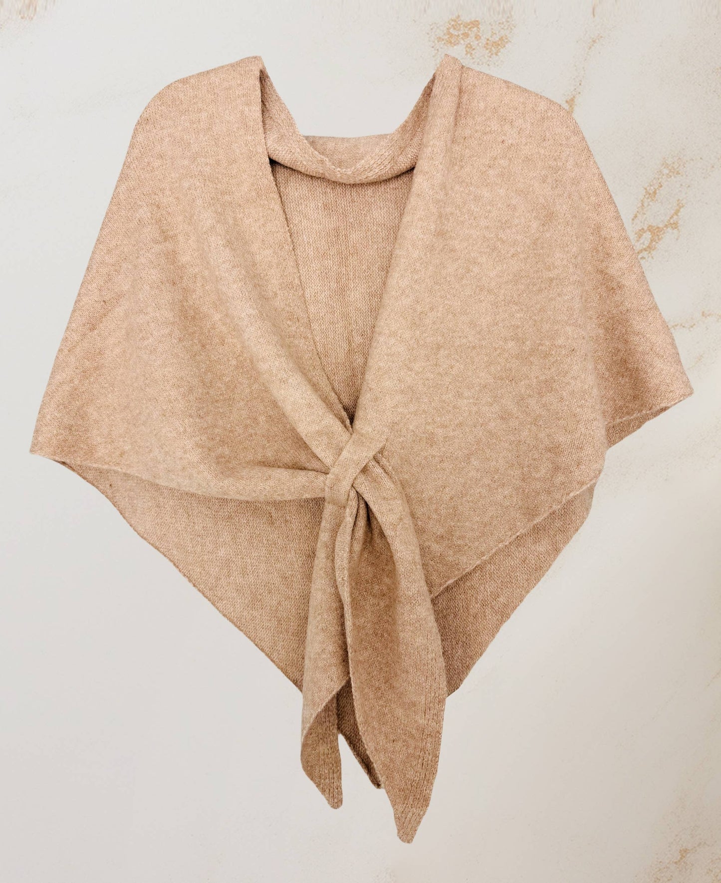 The JC Sunny Fashion Cashmere-Blend Knit Triangle Shawl features a cozy cross-front design and front tie, shown against a light textured background.