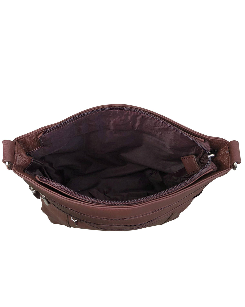 The Roma Leathers, Inc. Cowhide leather crossbody features an open view of its empty, fabric-lined interior, zippered closure and pockets, plus an adjustable shoulder strap.