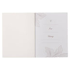 Open the One-Minute Devotions for Women Softcover greeting card by Christian Art Gifts to reveal outlined floral designs and designated spaces for “To,” “From,” and “Message” on the right page—ideal for personal devotional notes or pairing with one-minute devotions. The left page is blank.