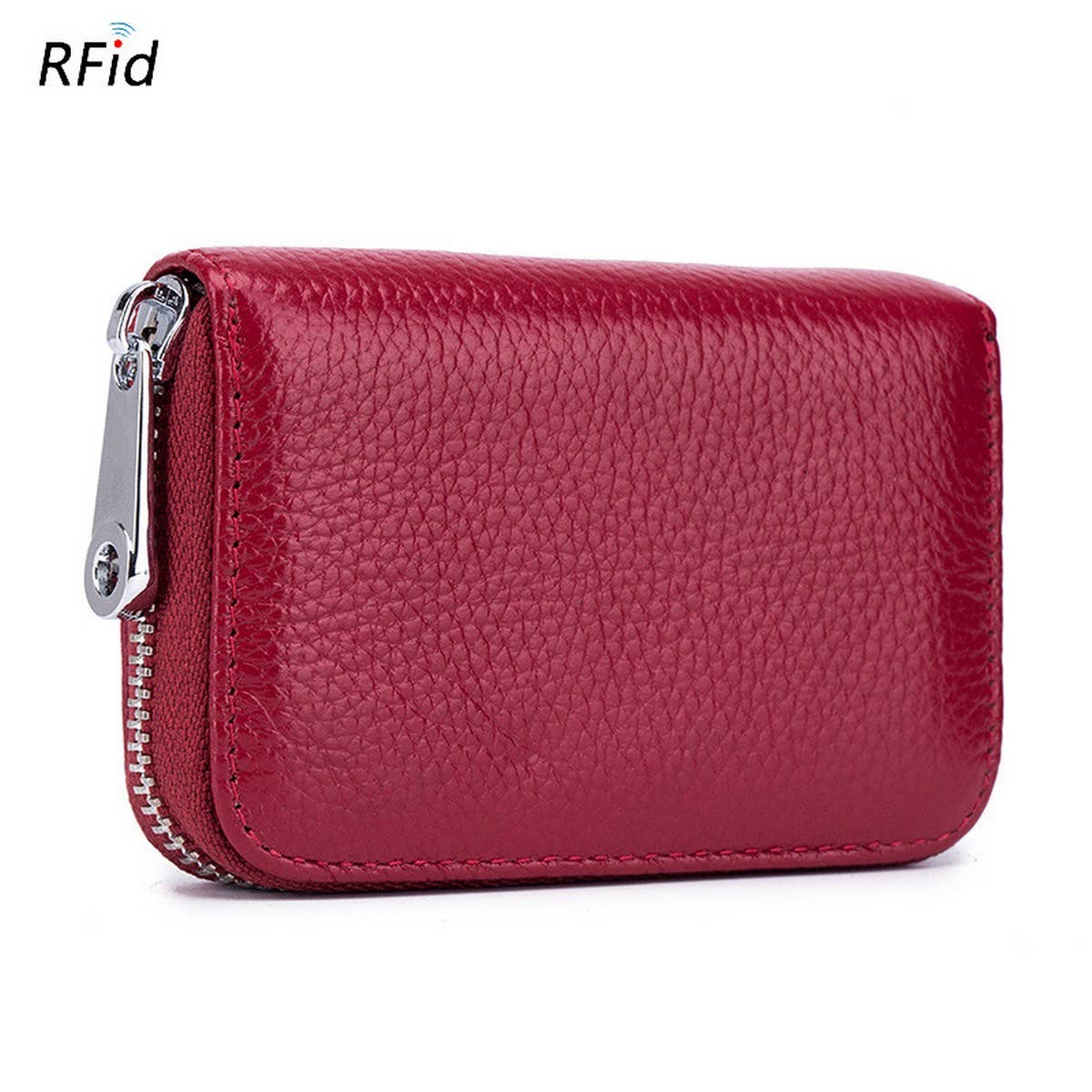 The ACCITY CARD WALLET Anti-Theft Wallet features red textured leather, a zipper, and RFID label for security, shown against a white background.