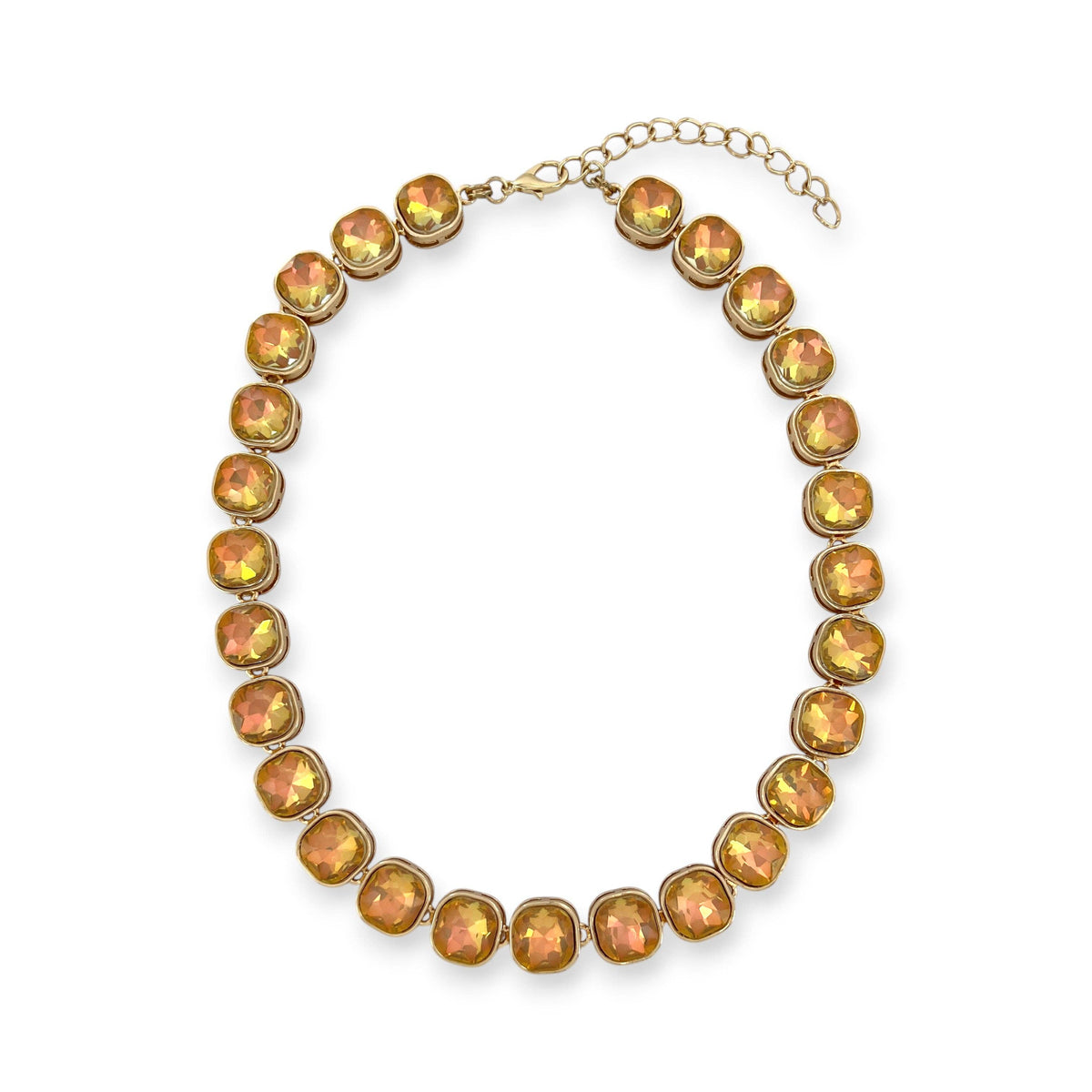 The OMG Blings Candy Gem Crystal Necklace features round, faceted yellow-orange crystals set in individual gold-plated bezels and is finished with an adjustable chain clasp. Main image