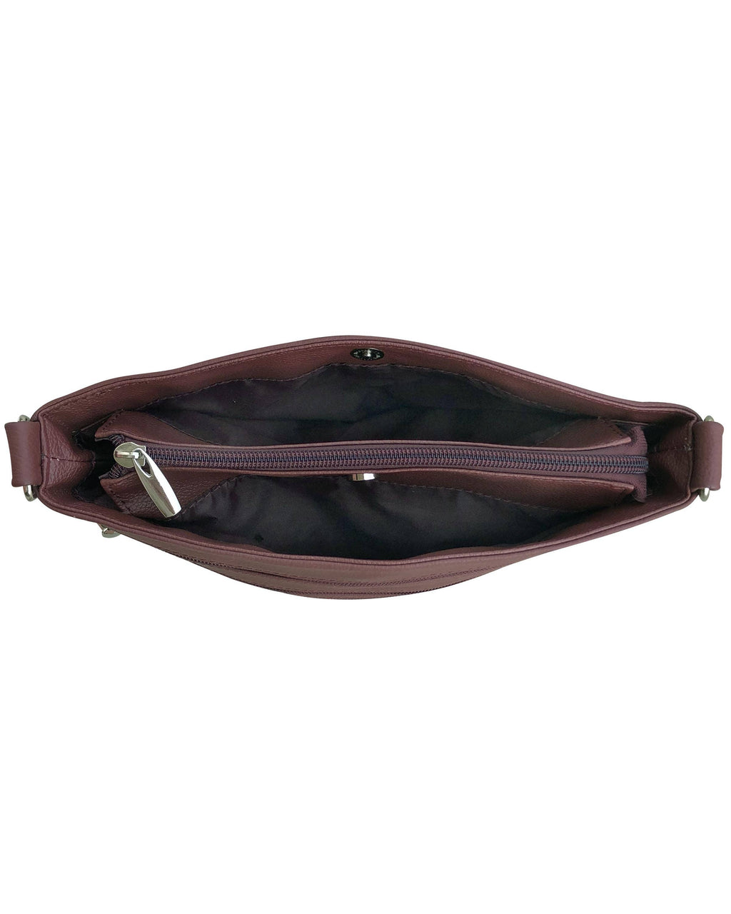 Top view of the Roma Leathers, Inc. Cowhide leather crossbody bag featuring a main compartment, zippered pockets, and black fabric lining.