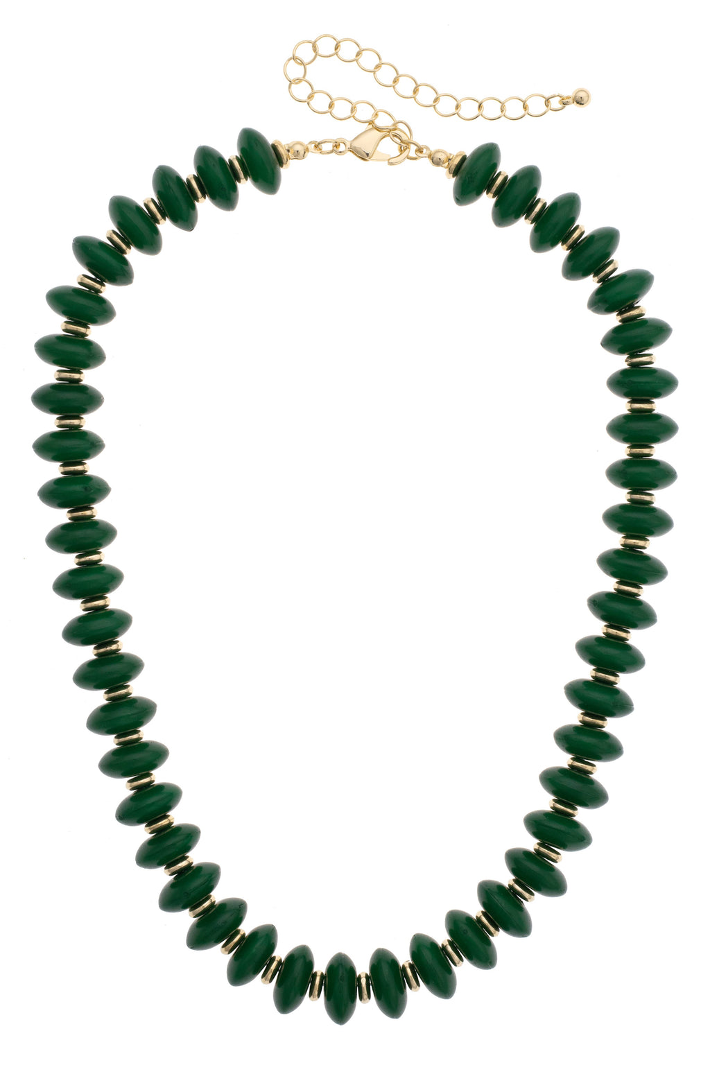 Marseille Resin Beaded Necklace featuring dark green disc-shaped beads separated by small gold-tone spacers, with a gold-tone lobster clasp and extender chain.