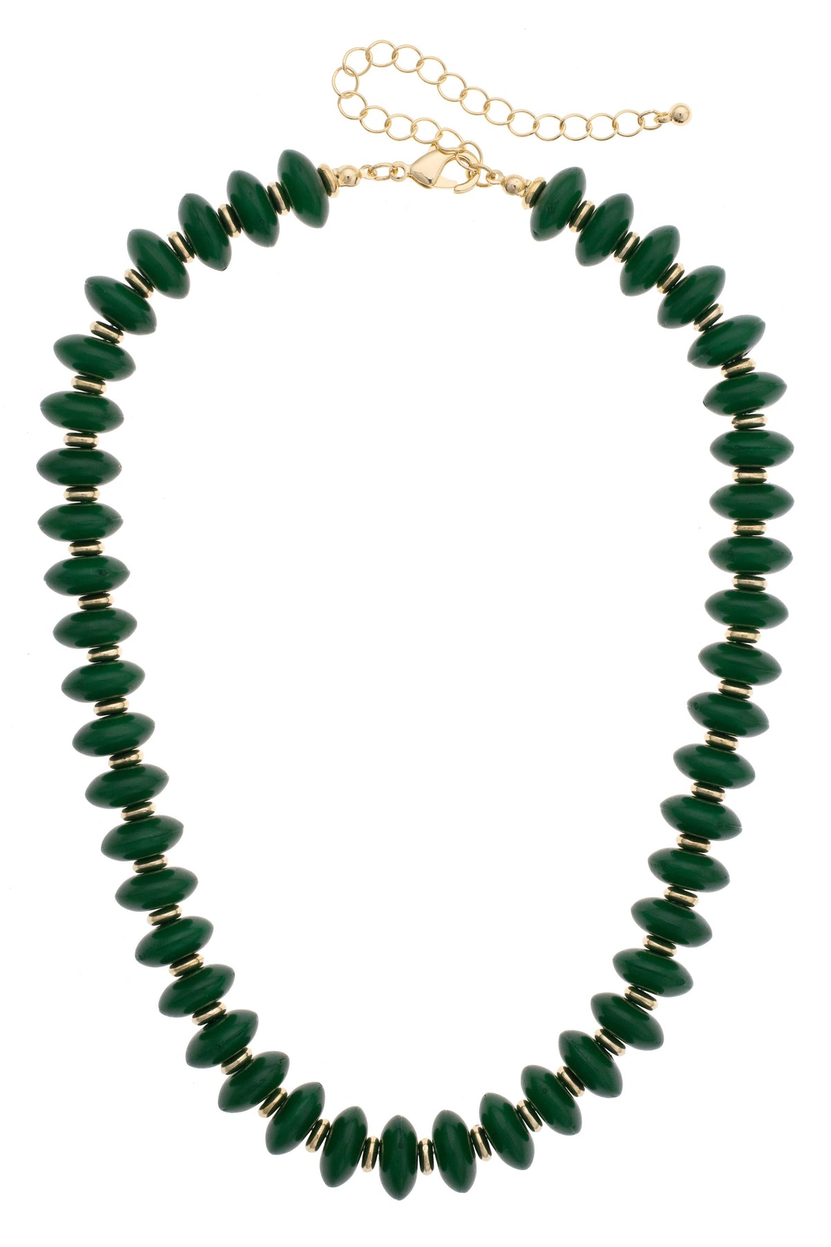 Marseille Resin Beaded Necklace featuring dark green disc-shaped beads separated by small gold-tone spacers, with a gold-tone lobster clasp and extender chain.
