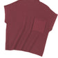 The Shewin Patch Pocket Ribbed Knit Short Sleeve Sweater is maroon, made of soft knit fabric, and features a mock neck and front pocket.