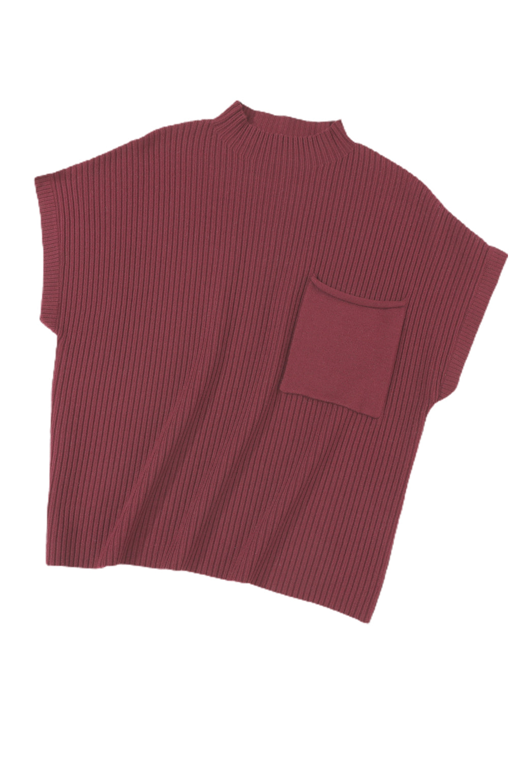 The Shewin Patch Pocket Ribbed Knit Short Sleeve Sweater is maroon, made of soft knit fabric, and features a mock neck and front pocket.