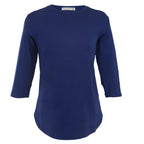 The Amanda Blu 3/4 Sleeves Tees features a plain navy blue design with a crew neck and curved hem, crafted from soft rayon and spandex—displayed on a white background, it’s an essential wardrobe staple.