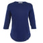 The Amanda Blu 3/4 Sleeves Tees features a plain navy blue design with a crew neck and curved hem, crafted from soft rayon and spandex—displayed on a white background, it’s an essential wardrobe staple.