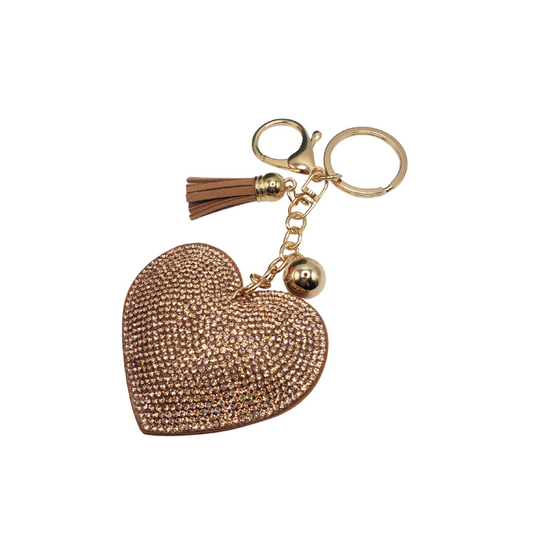 A cute and fun Gold Rhinestone Heart Tassel Key Ring with a tassel embellished with dazzling rhinestones by FASHION GO.