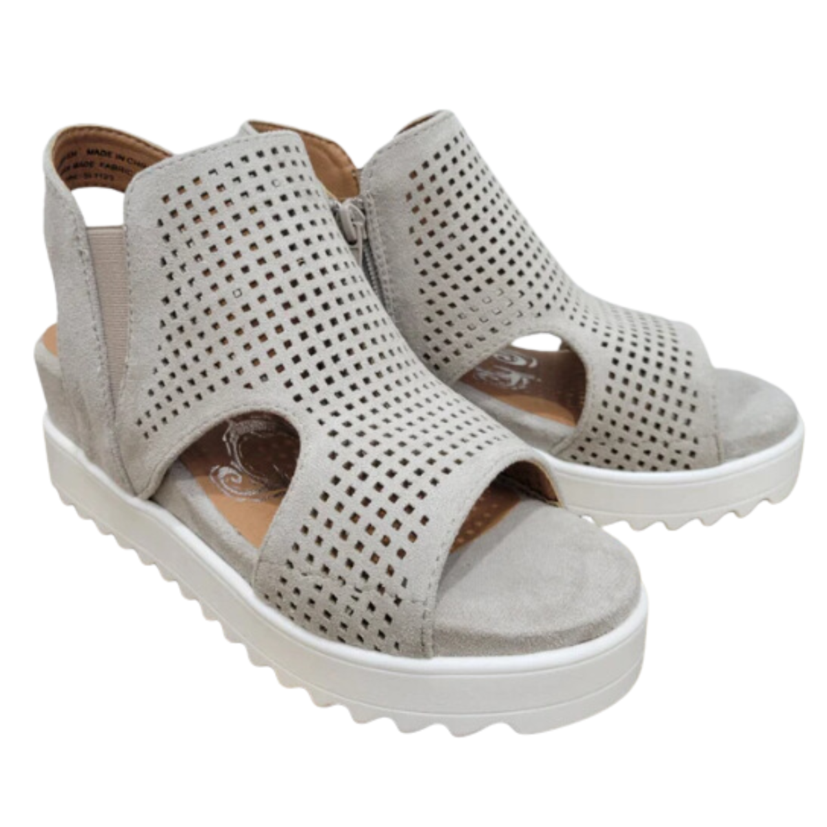 A trendy pair of Amy Wedge Sandals in Light Grey made from micro suede by VERY G.