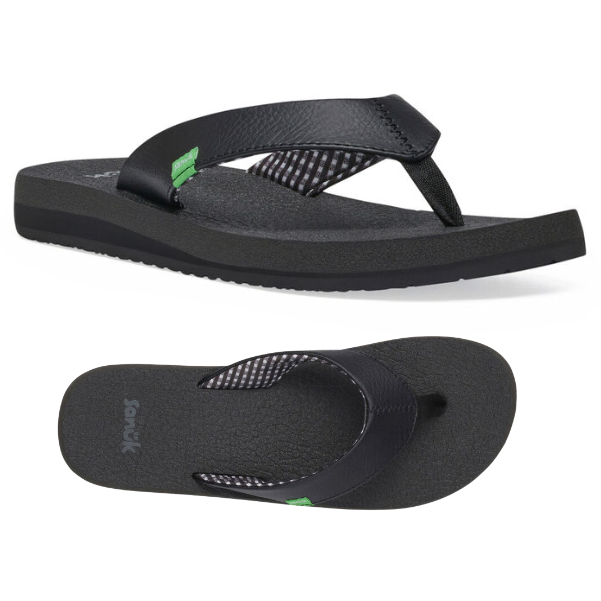 The SANUK - DECKERS Yoga Mat II Flip Flop in Ebony features green accents, a synthetic leather upper, and a memory foam Yoga Mat footbed, shown from side and top views against a white background. Main image