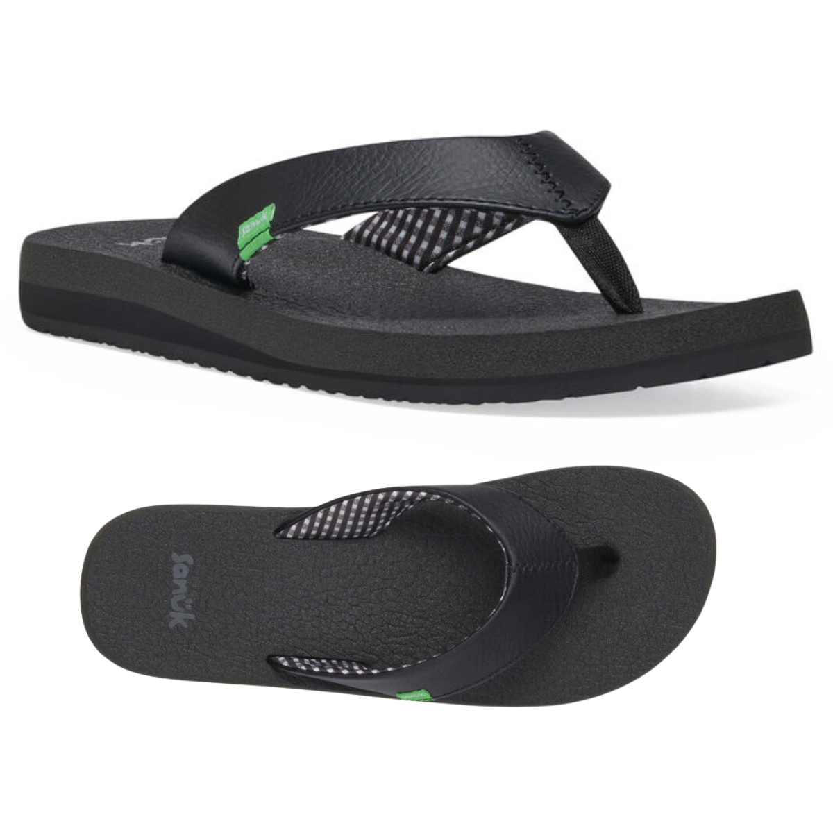 Stylish black and green SANUK YOGA MAT EBONY flip flop sandals crafted with comfortable memory foam insoles.