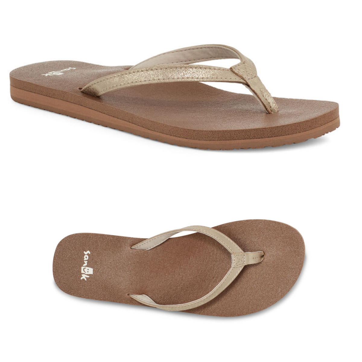 A pair of Yoga Joy Ladies flip flops in shimmering Rosegold color from SANUK - DECKERS brand. Main image