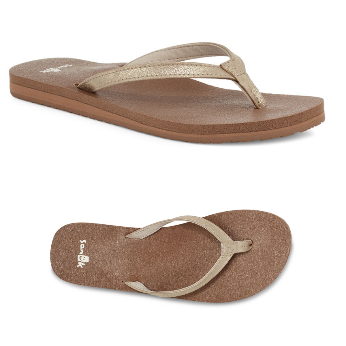 A pair of Yoga Joy Ladies flip flops in shimmering Rosegold color from SANUK - DECKERS brand.
