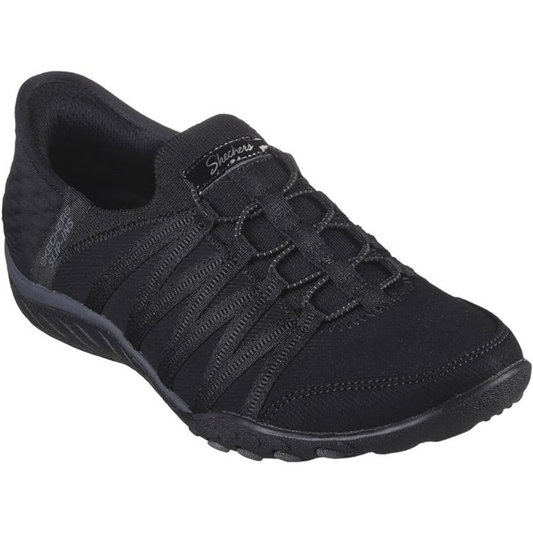 The Skechers Roll With Me Sneaker by SKECHERS USA INC is a black slip-on athletic shoe featuring a fabric upper, elastic laces, and rubber sole.