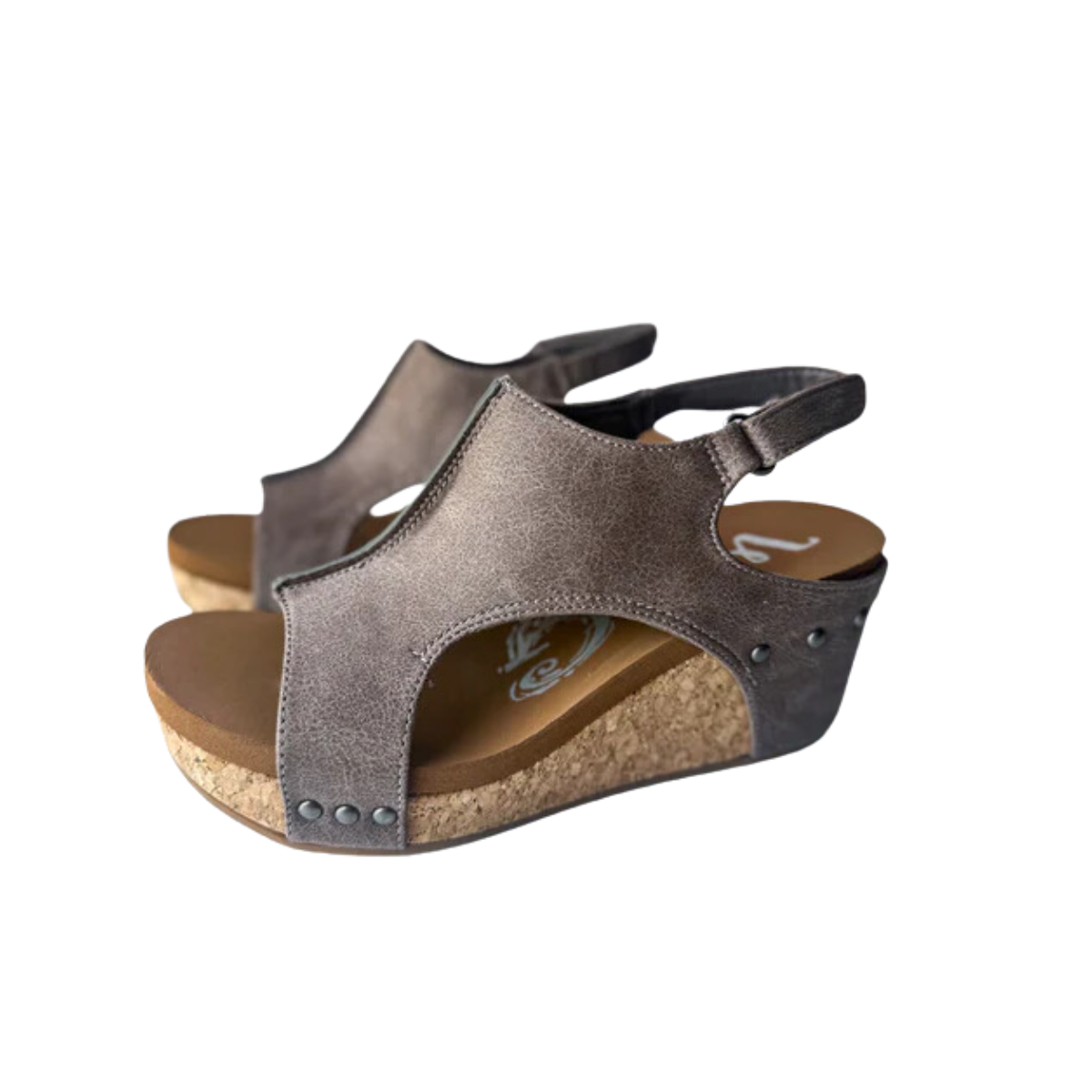 A pair of stylish VERY G LIBERTY TAUPE size 10 wedge sandals with cork soles and a T-strap design, featuring small metallic studs near the toes.