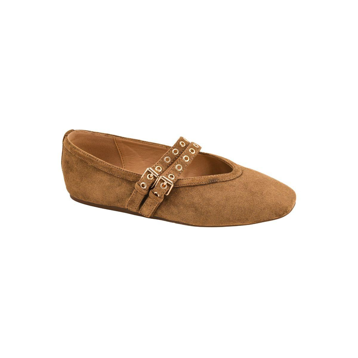 Introducing the “All Eyes on Me MaryJane Ballet Flat” by CORKY’S FOOTWEAR INC—this brown suede ballet flat features two buckled straps with metal eyelets and is displayed on a white background. Designed for women, it blends timeless style with everyday versatility.