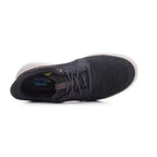 Top view of a black Skechers Slip-ins Relaxed Fit Sterling - Ramone men’s athletic sneaker with a white sole, featuring a mesh upper, visible SKECHERS branding inside, and designed in a Relaxed Fit for comfortable casual wear.